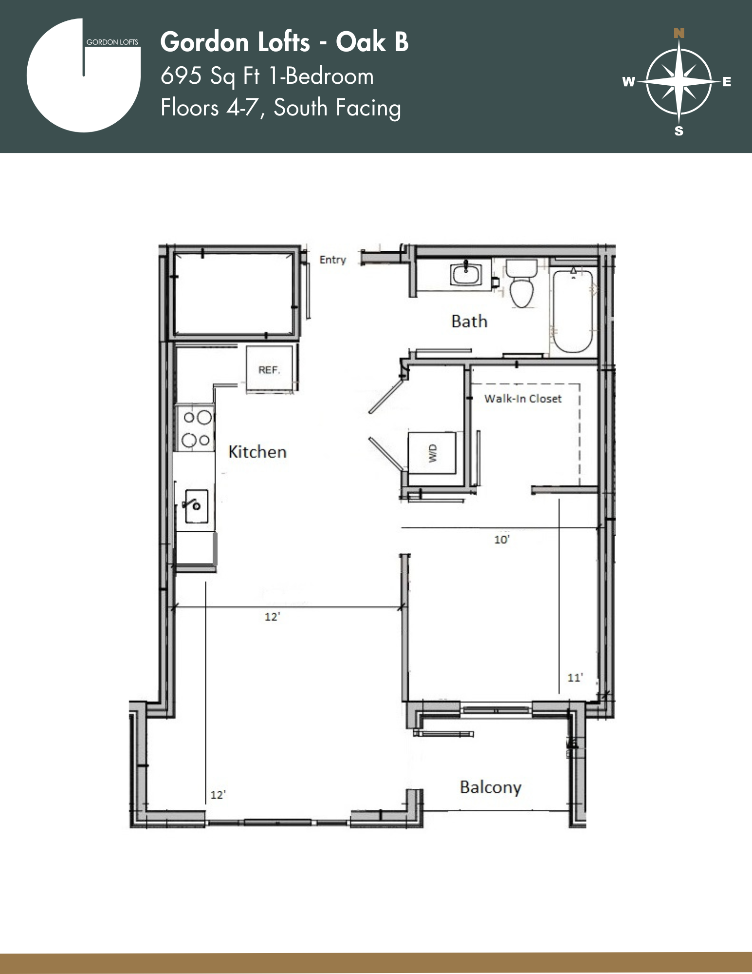 South-facing floor plan for a 695 sq ft 1-bedroom unit at Gordon Lofts, available on floors 4–7. Layout features a large open kitchen and living area, walk-in closet, full bathroom, and private balcony. Ideal for residents seeking modern comfort and sunshine-filled views.