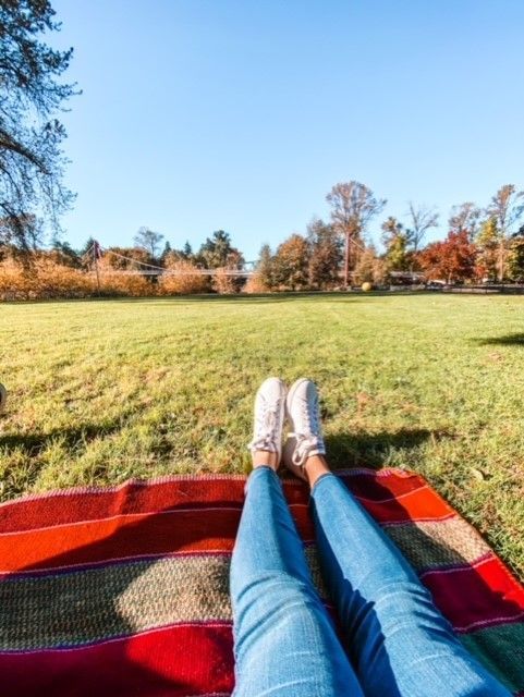 A relaxing picnic at Alton Baker Park, a short walk from Gordon Lofts. The image captures a vibrant picnic blanket, legs stretched out in jeans and white sneakers, and a scenic view of the expansive grassy field with autumn-colored trees under a clear blue sky.