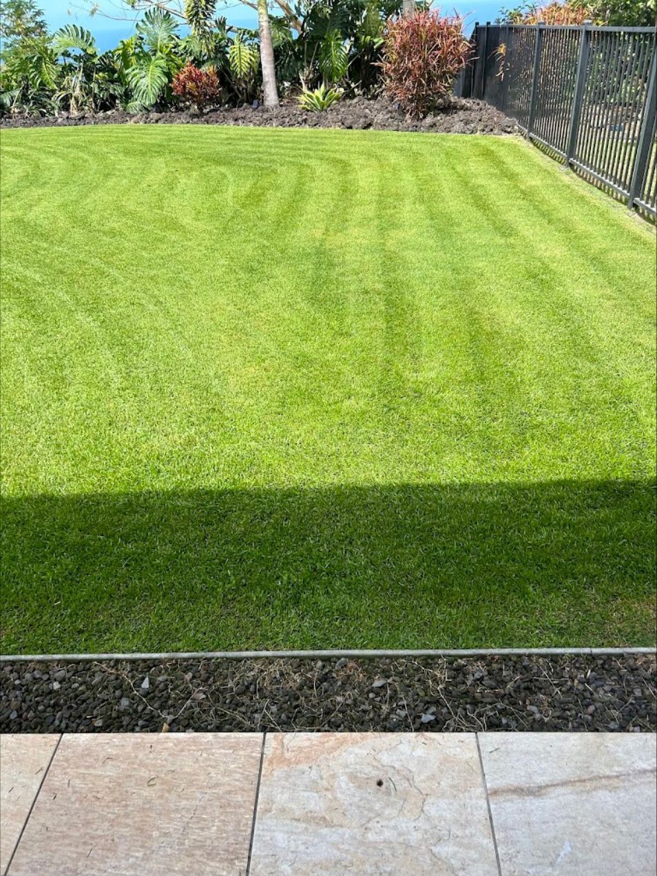 A view of a lush green lawn from a patio