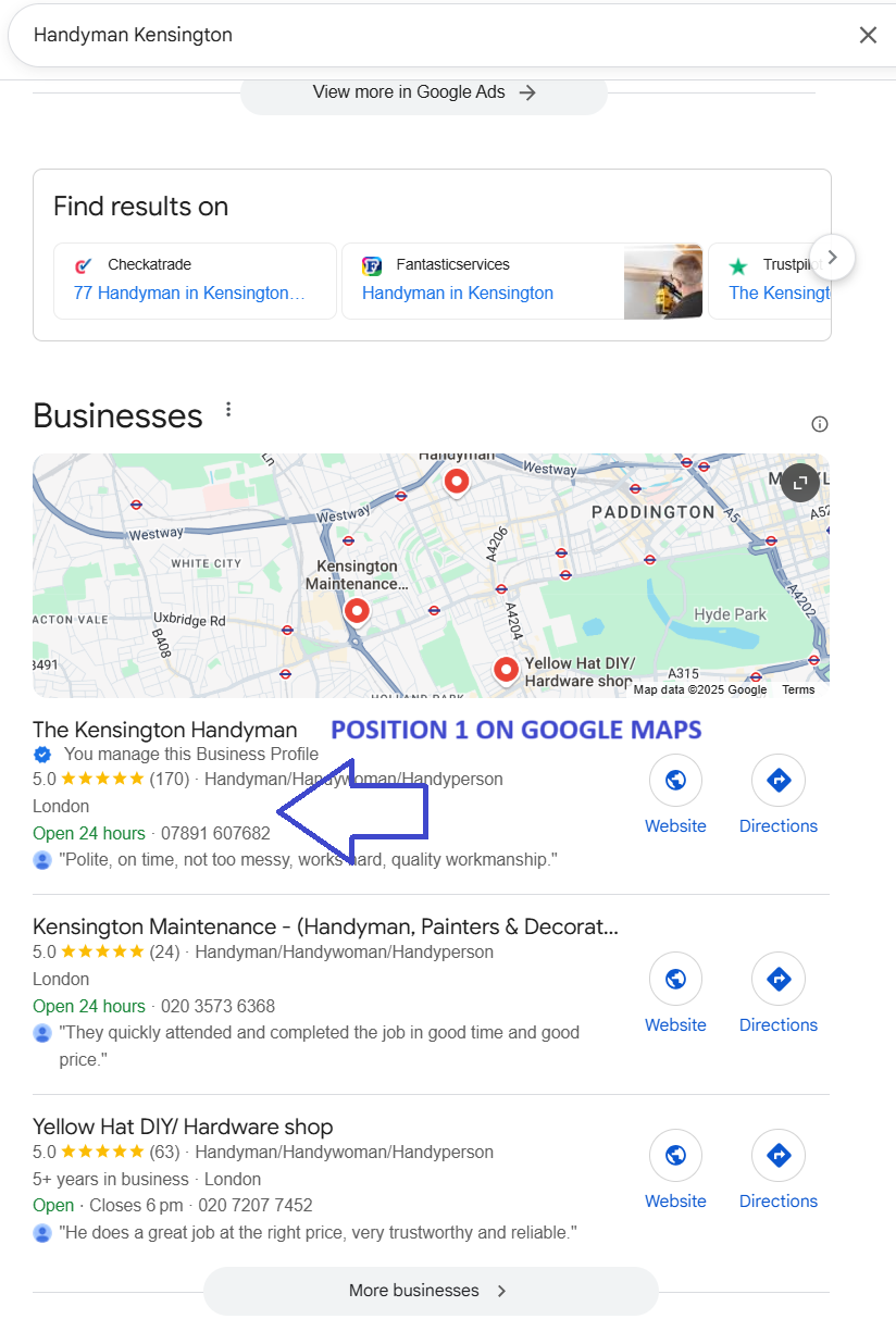 Kensington Handyman on first position on google Maps 