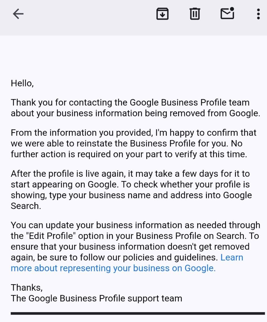Email proof of Google Business Profile Reinstatement