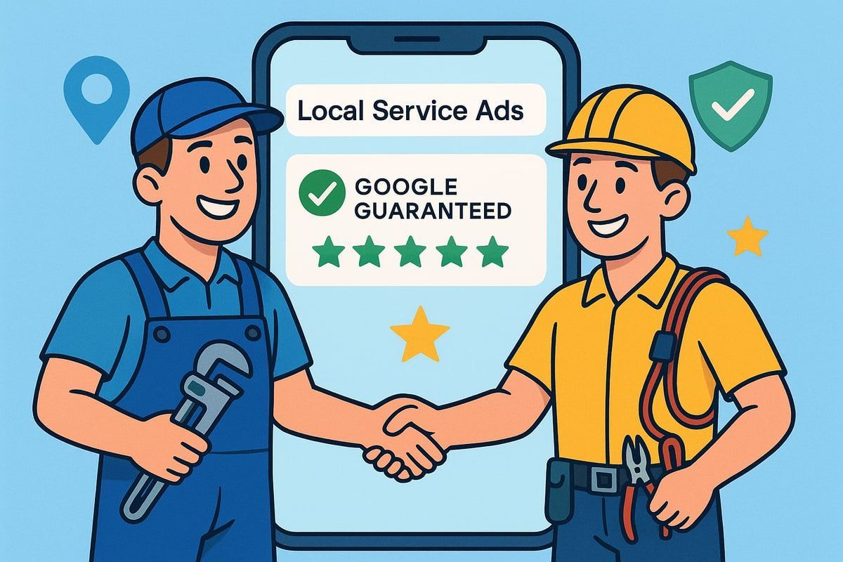 Two service professionals shaking hands near a phone displaying Google Local Service Ads.