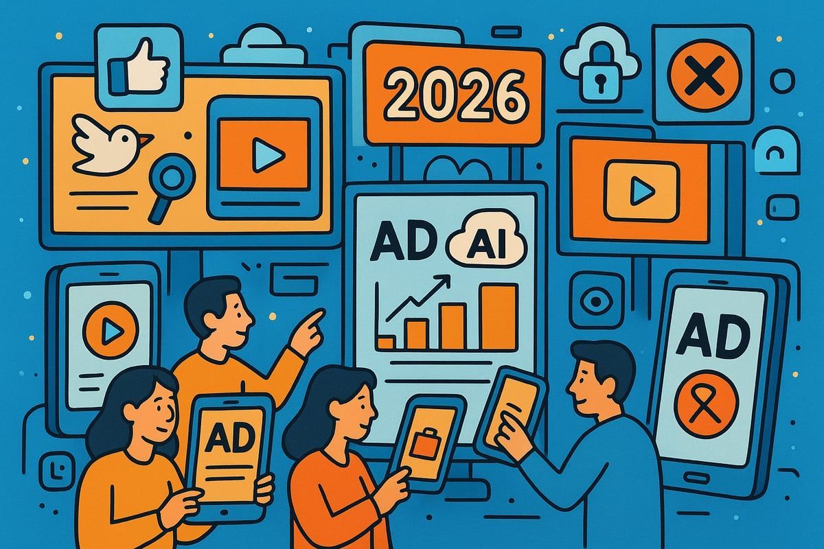 People using digital devices, with ads and AI elements, surrounded by social media icons and the year 2026.