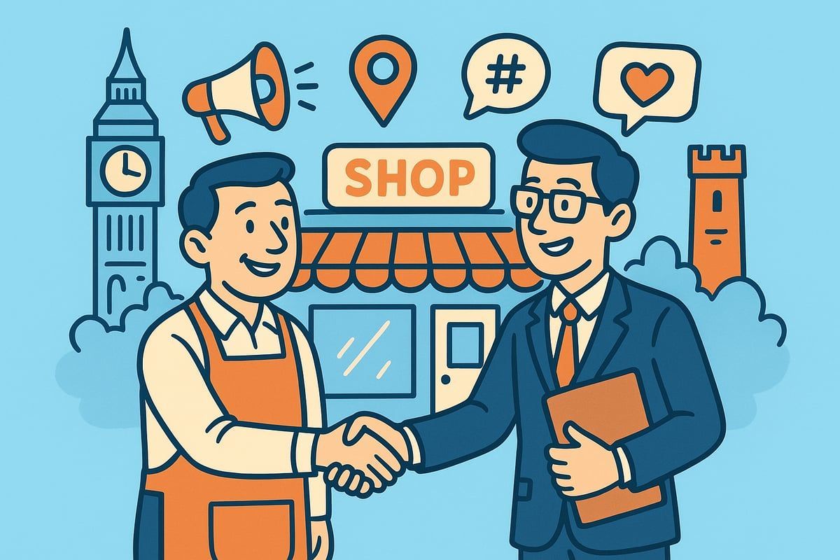 Two men shaking hands in front of a shop, marketing icons overhead.