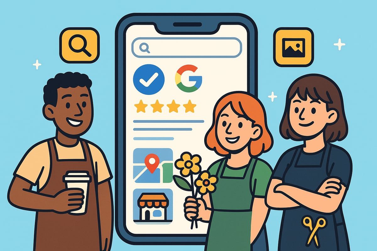 Three people by a phone showing a business listing with Google and a map, flowers, and search icons.