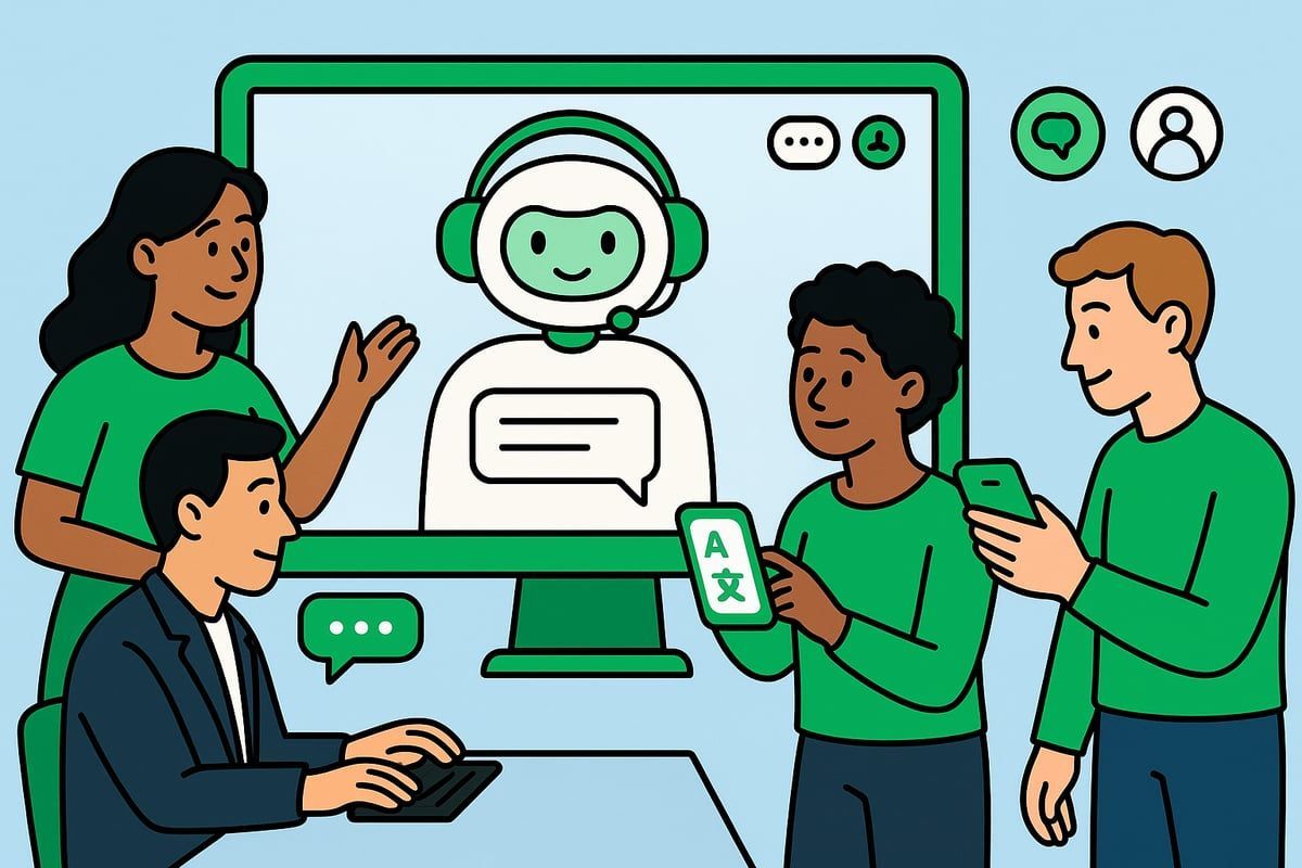 People interacting with a digital assistant: monitor, phone, and laptop displaying a chatbot. Green color theme.