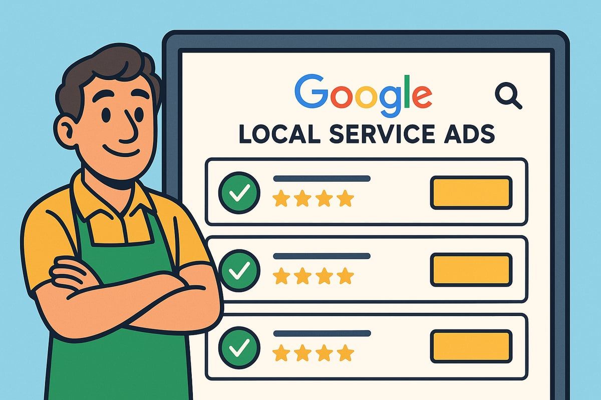 Man in apron stands next to a tablet displaying Google Local Service Ads with checkmarks and star ratings.