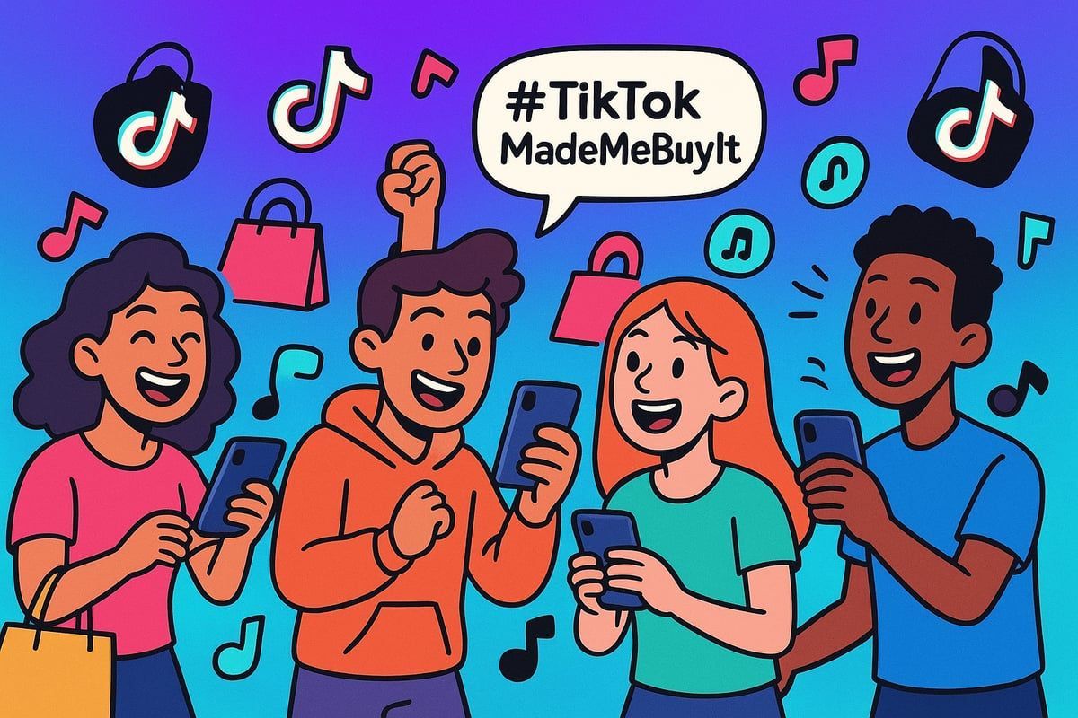 Illustration of four people holding phones, smiling, surrounded by TikTok logos and shopping bags, with the hashtag 