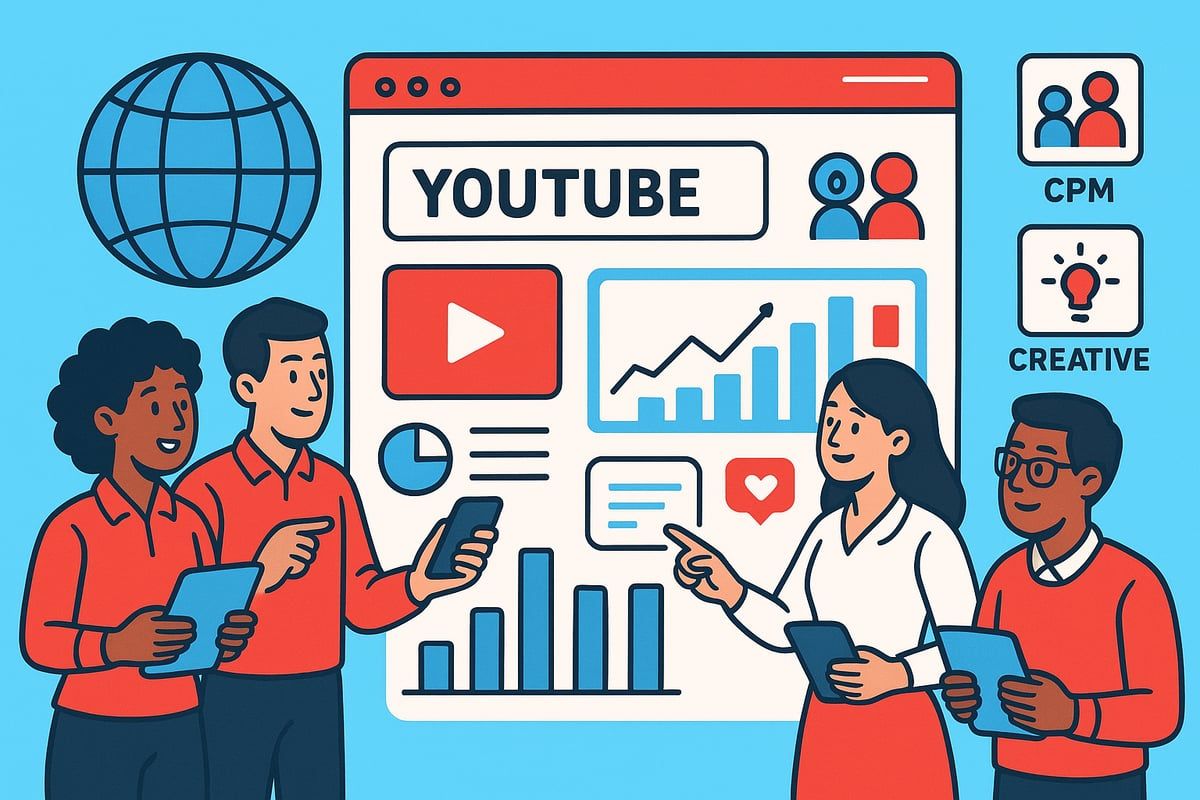 Team analyzes YouTube metrics. Globe, chart, play button, and CPM/Creative icons. People point at screen.
