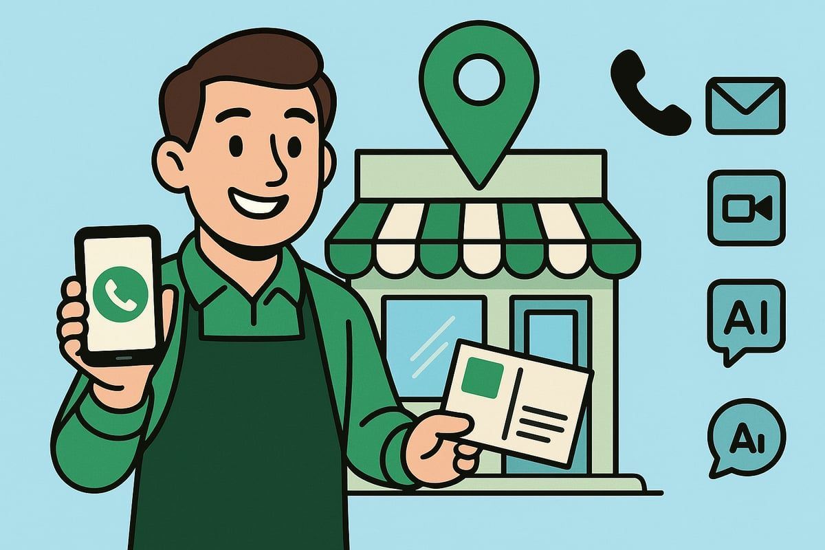 Man in apron holds phone with WhatsApp logo, postcard. Shopfront, location pin, contact icons.