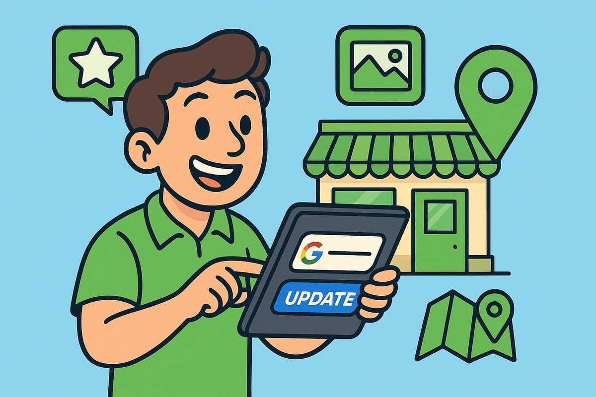 Man updating Google business profile on tablet. Shop, reviews, photos, location icons.
