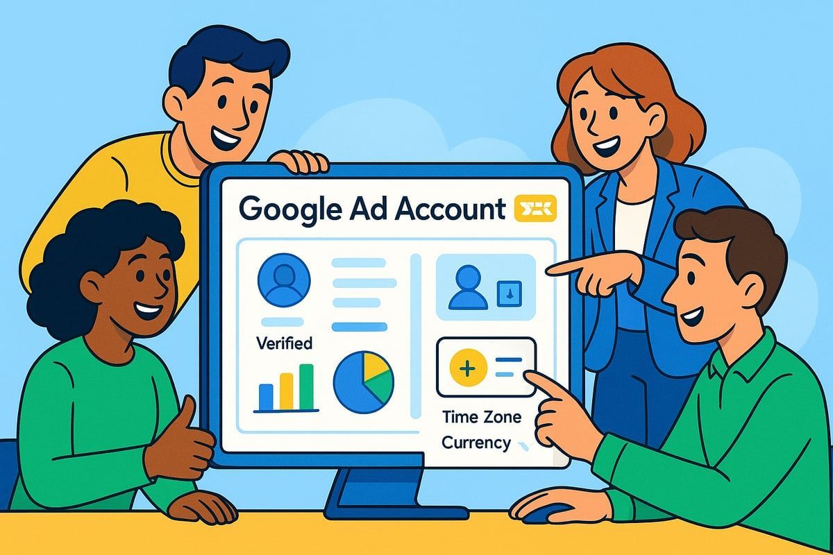 Four people around a computer screen displaying a Google Ad Account interface, pointing and gesturing.