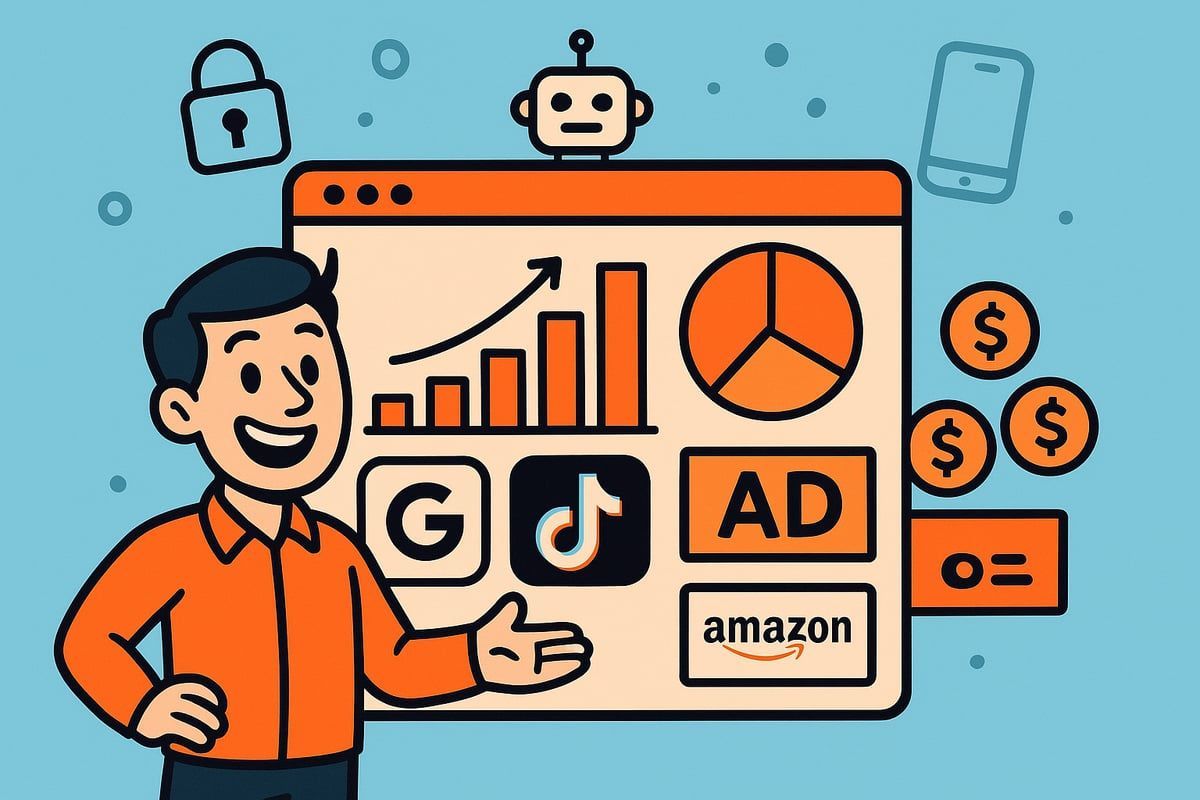 Man presenting marketing data on a screen, with icons for Google, TikTok, Amazon, and AD, plus money symbols.