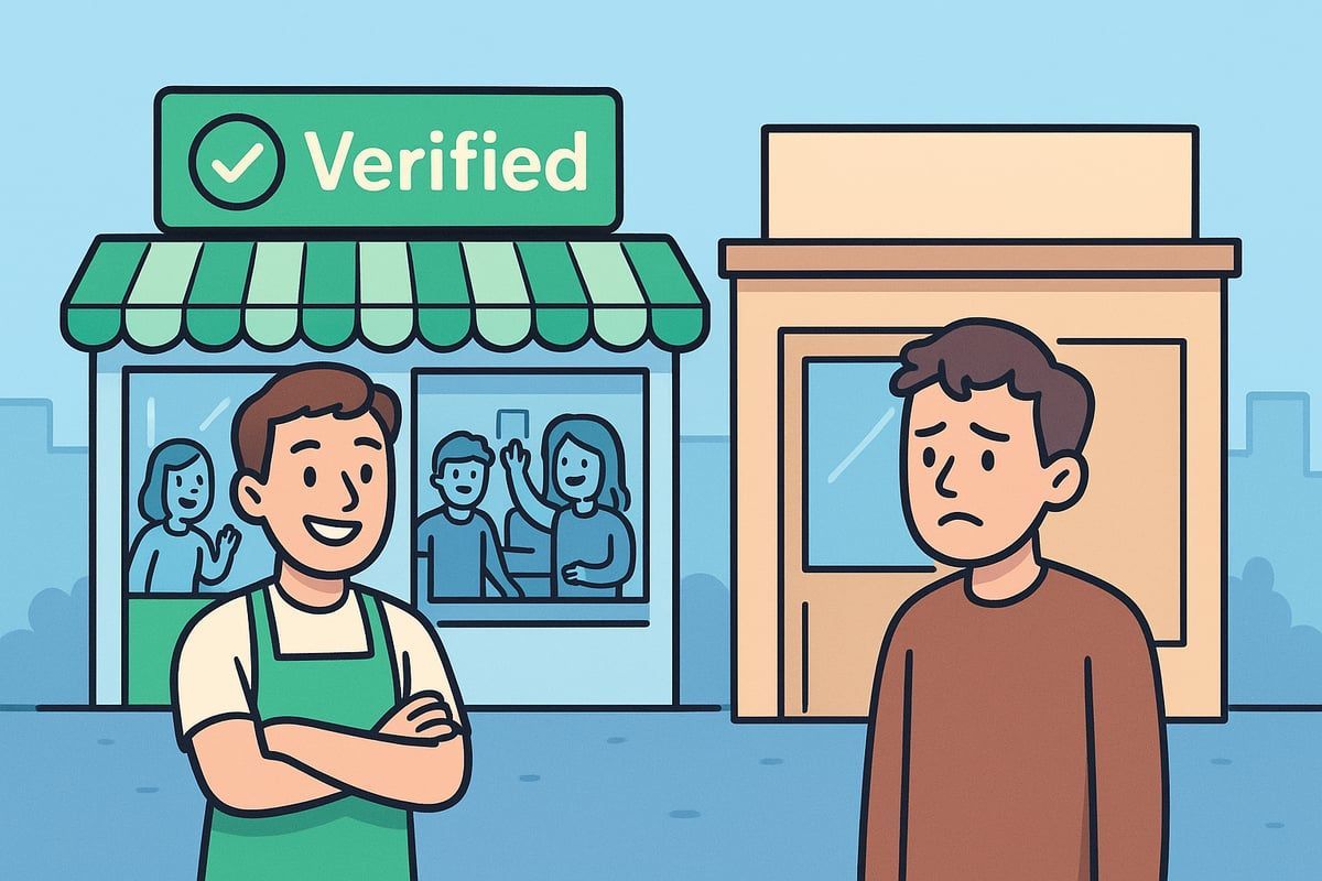Shop owner smiles at customer outside. 
