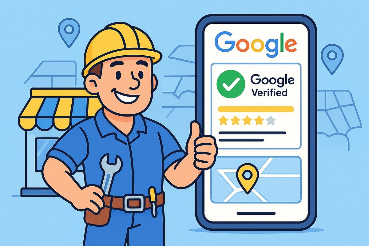 Man in work clothes gives thumbs-up next to Google Verified phone and shop icon with map pin.
