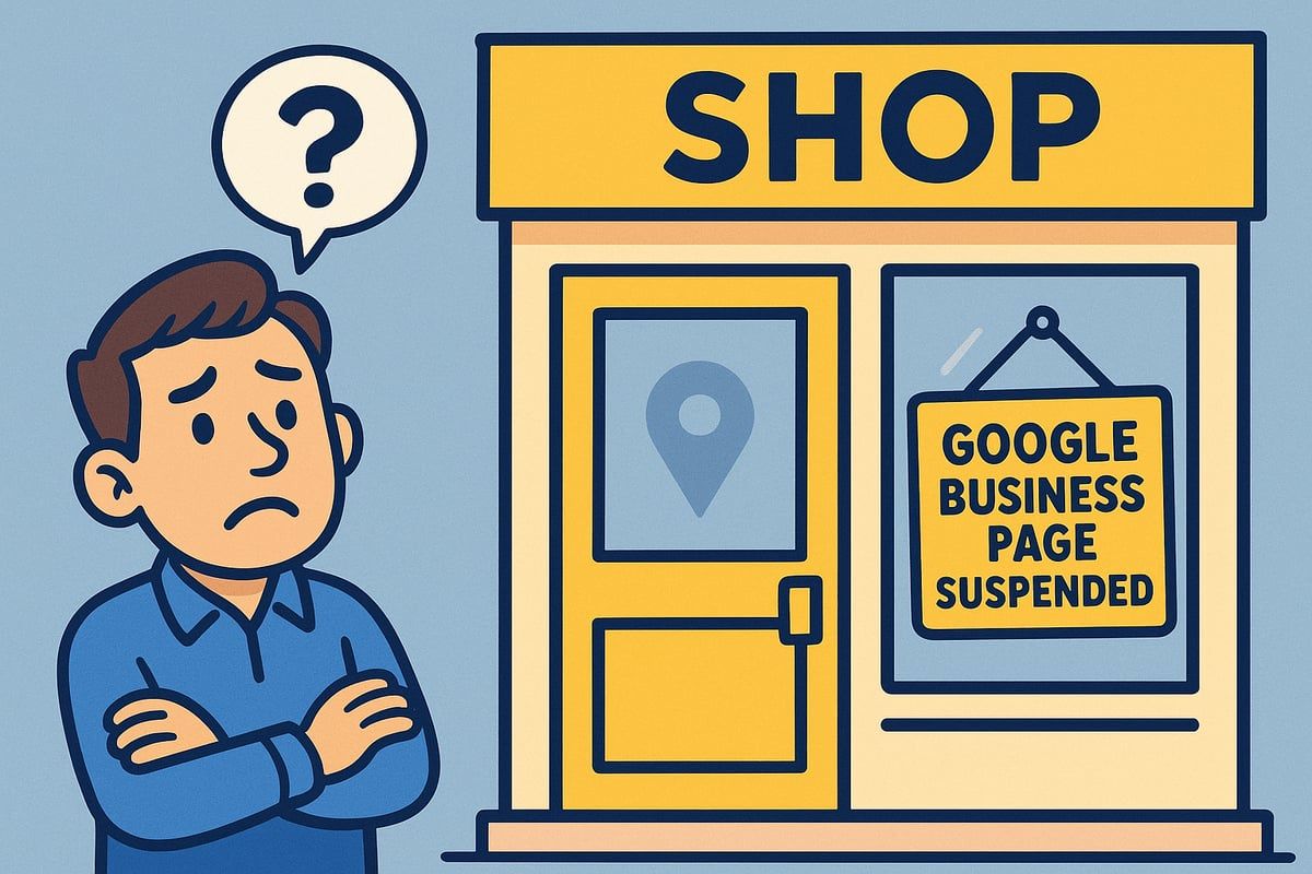 Man outside shop with suspended Google Business Page, looking concerned, question mark above head.