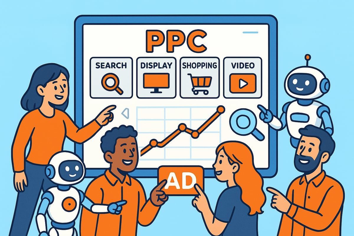 Team pointing at a PPC screen with robot, graph, and