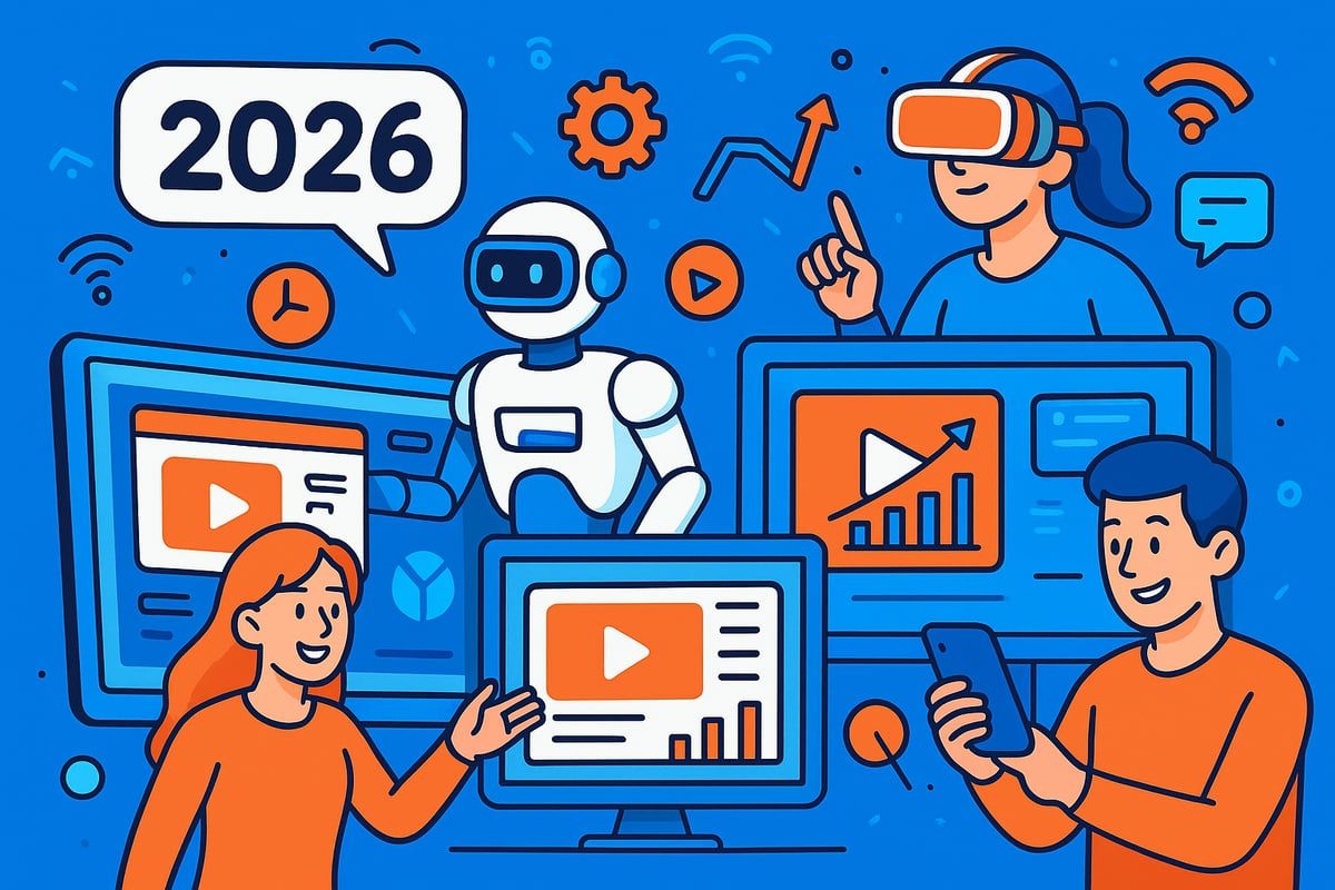 People interacting with tech devices like screens and VR headsets, and a robot, with