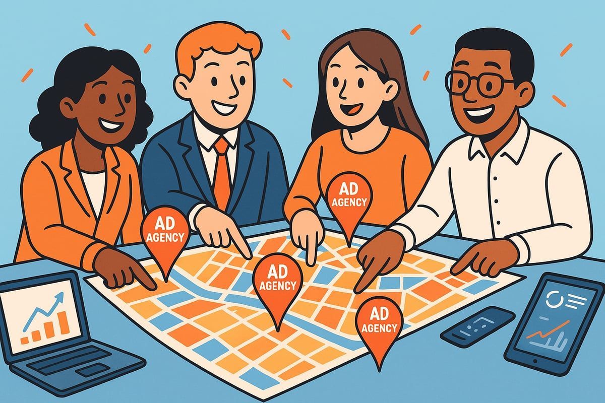 Four people around a map, pointing at locations marked