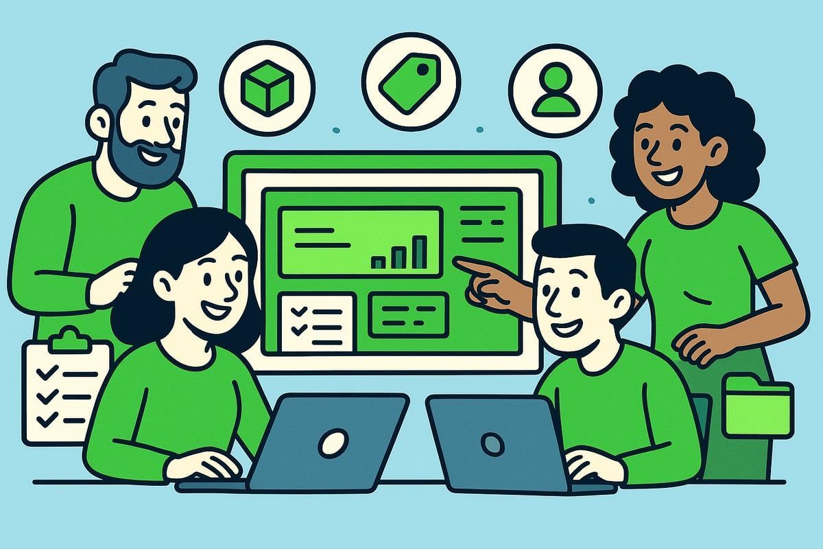 Team of four people collaborating, looking at a screen with charts and data, in front of icons.