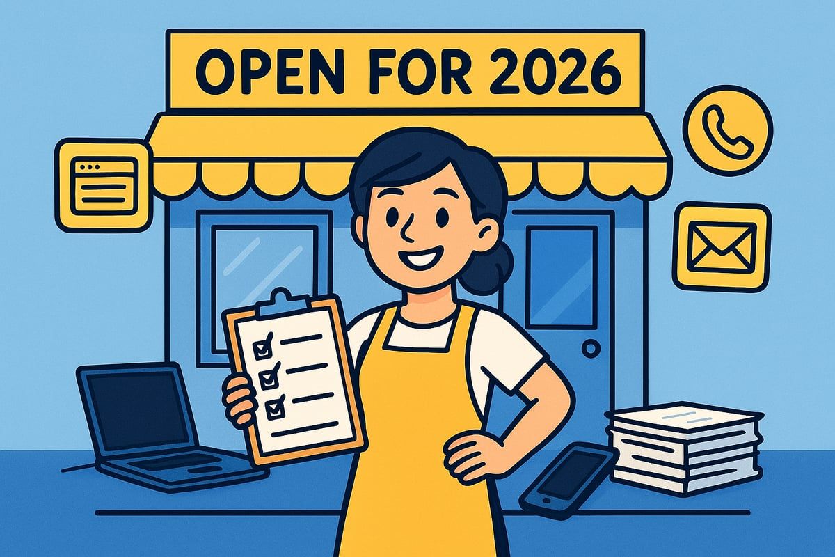 Woman in apron holding clipboard, standing in front of a storefront with 
