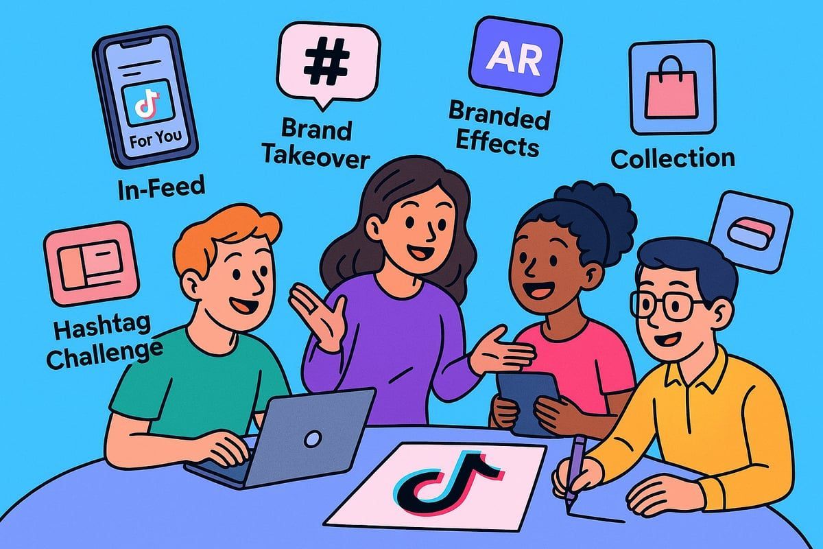 People brainstorming TikTok marketing strategies, surrounded by app icons.