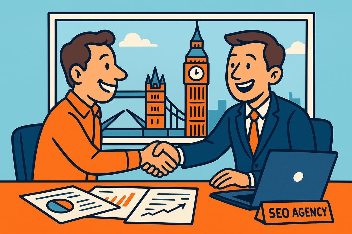 Two men shaking hands in an office, London skyline in the window, SEO agency sign on desk.