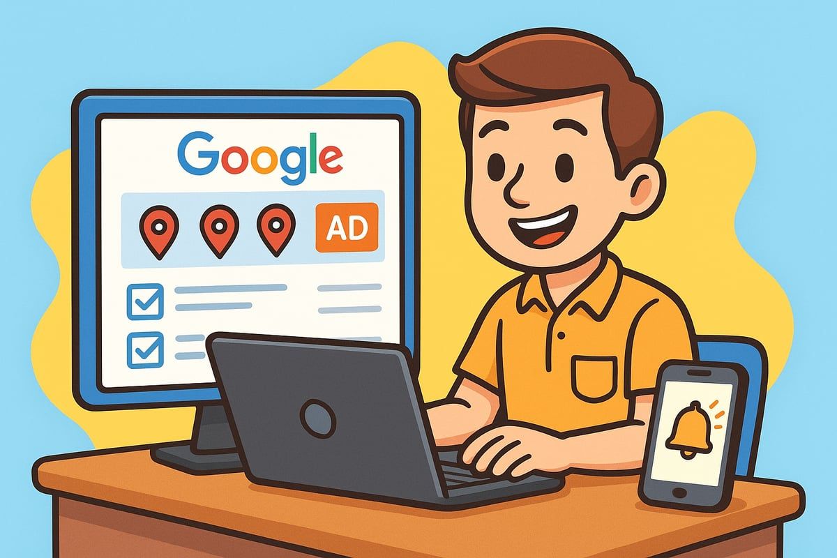 Person smiling at a computer displaying Google Ads, with laptop and phone on a desk.