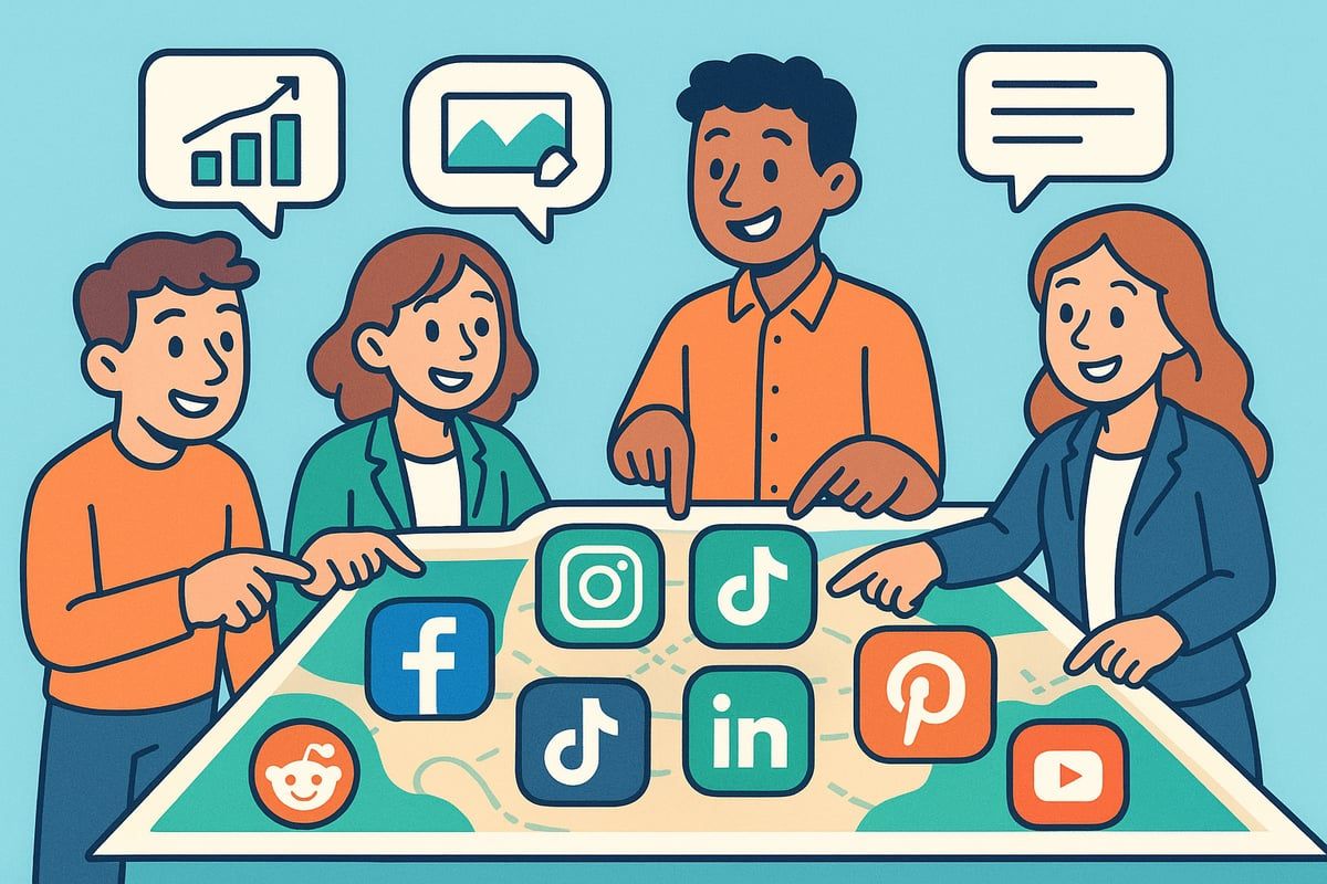 A team gathers around a table, pointing at social media logos (Facebook, Instagram, TikTok, LinkedIn, Pinterest, YouTube), discussing growth strategies.