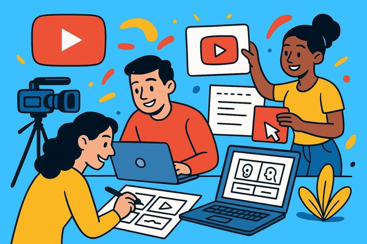 Team creating a YouTube video: people working on computers, camera, and drawing, with YouTube logos.