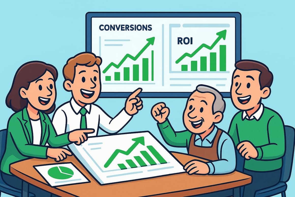 Business team reviewing charts showing increasing conversions and ROI.