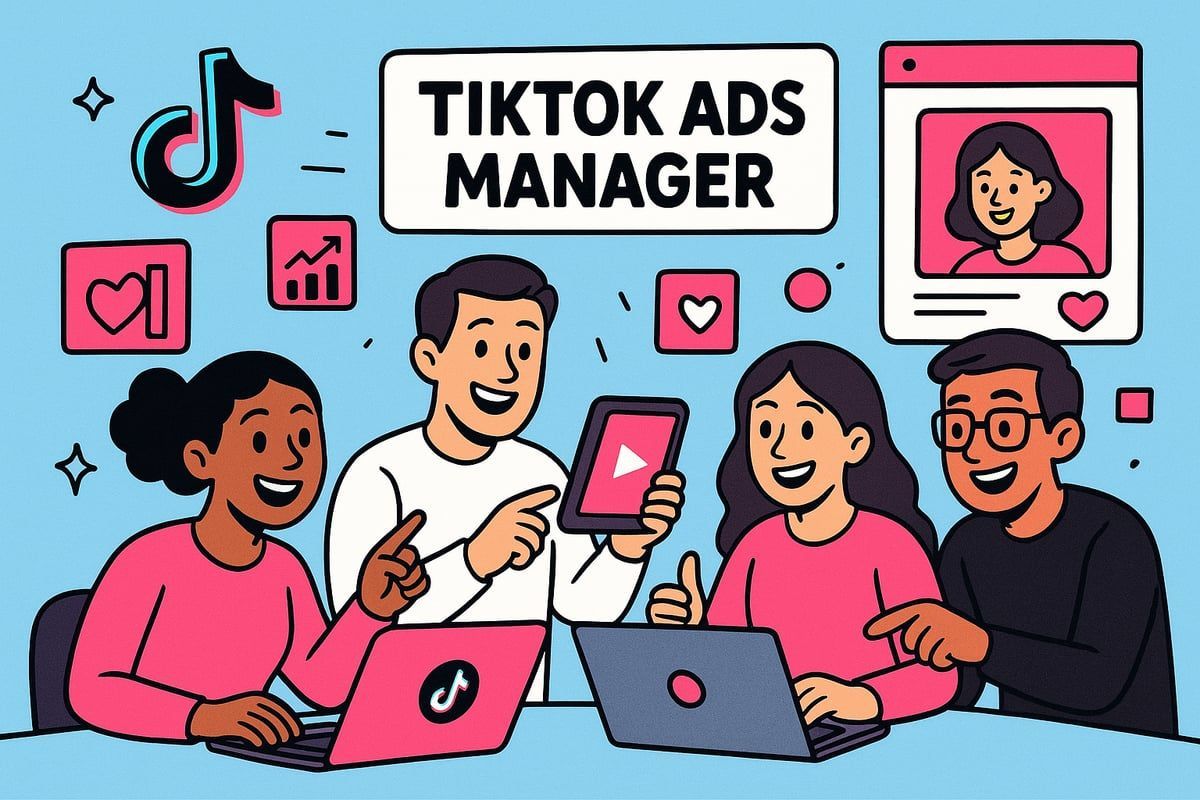 Group of people working on laptops and tablet with TikTok logo, centered on 