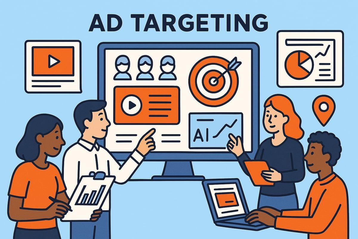People collaborating on ad targeting, with a computer screen displaying a target, graphs, and data.