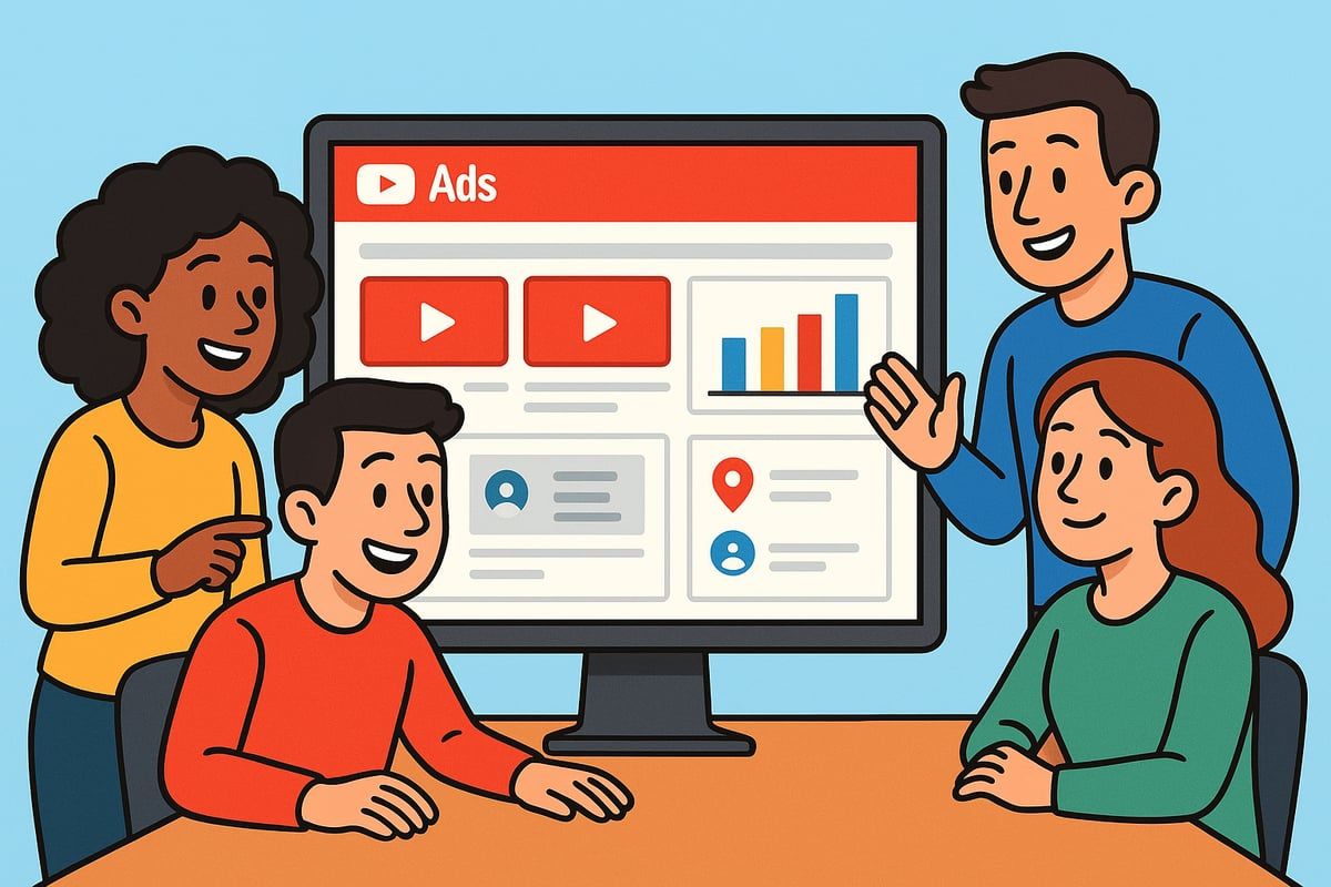 Four people gather around a computer displaying YouTube Ads interface; discussing ad performance.