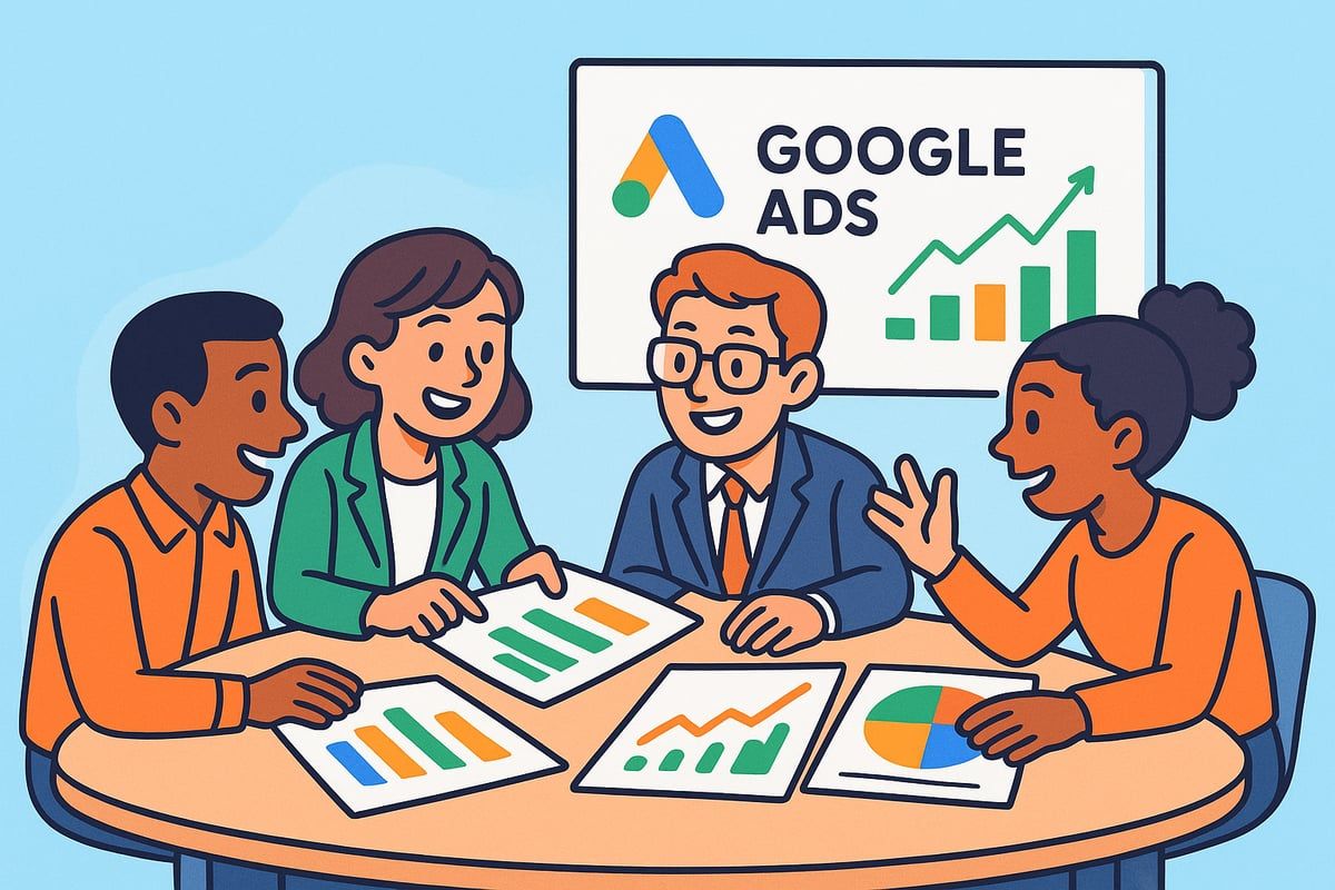 Team discussing Google Ads. Charts and graphs are on the table. A whiteboard displays the logo and growth chart.