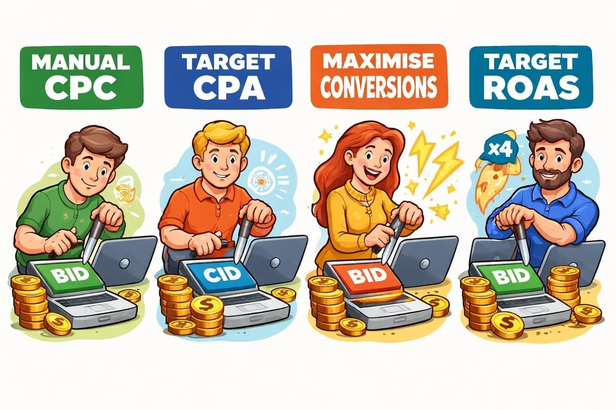 Four cartoon people with laptops, coins, and bid/CID buttons, representing ad campaign strategies.