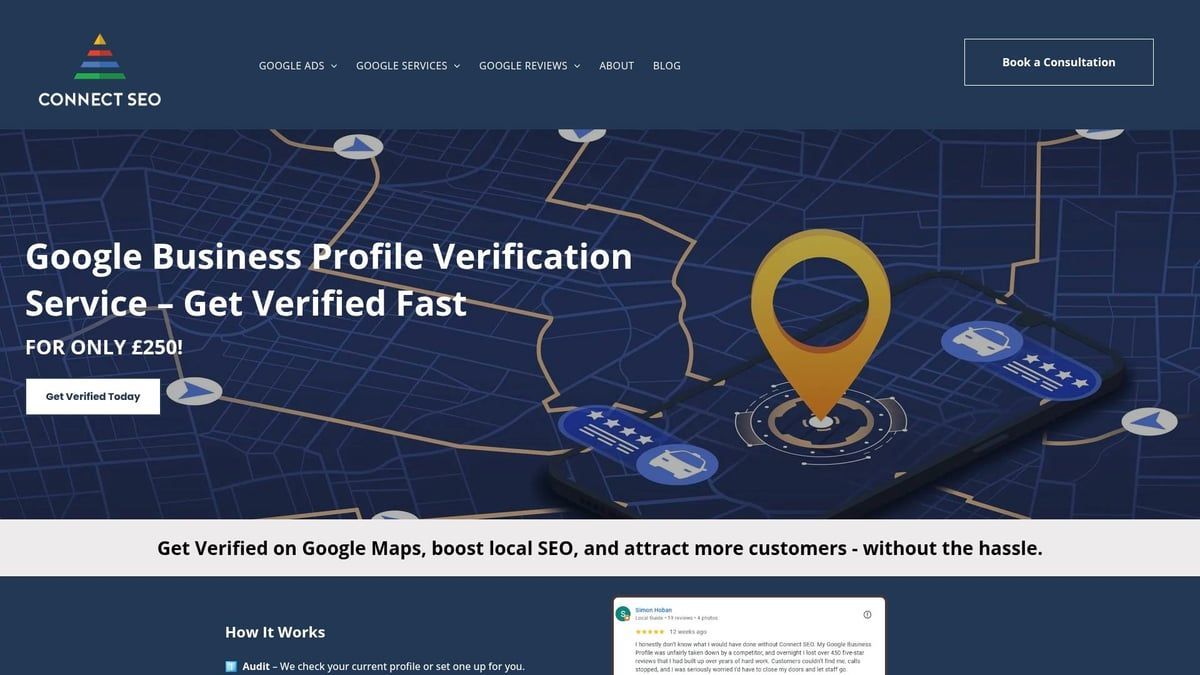 Website promoting Google Business Profile Verification service, with a map and phone icon.