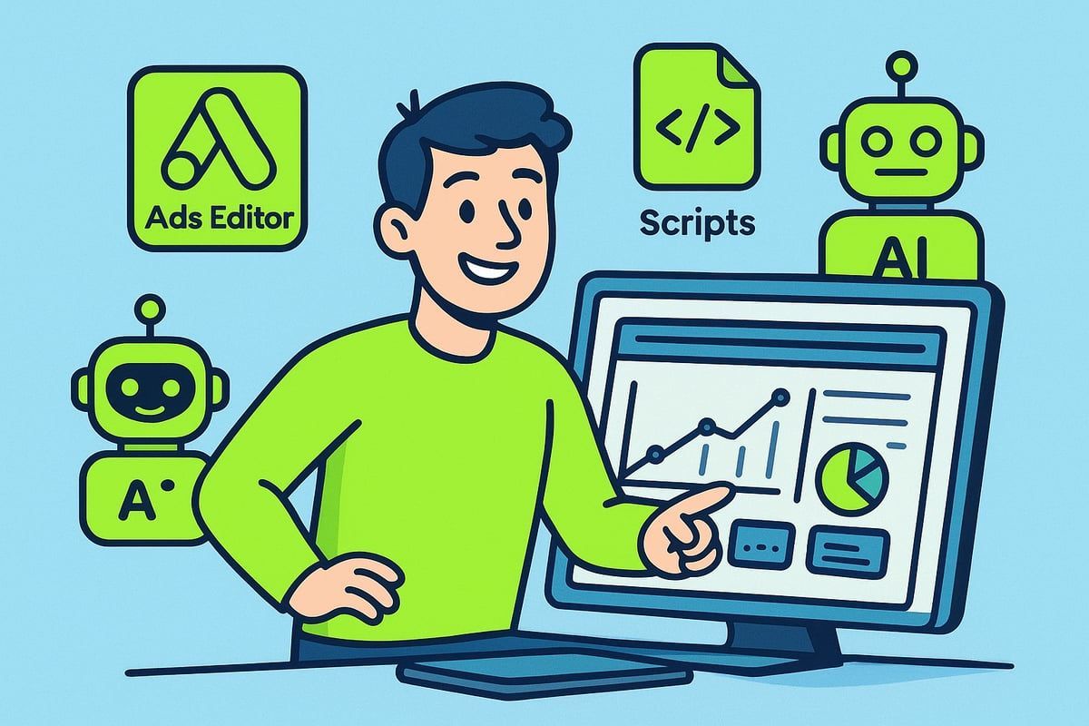A person pointing at a computer screen with graphs. Icons for