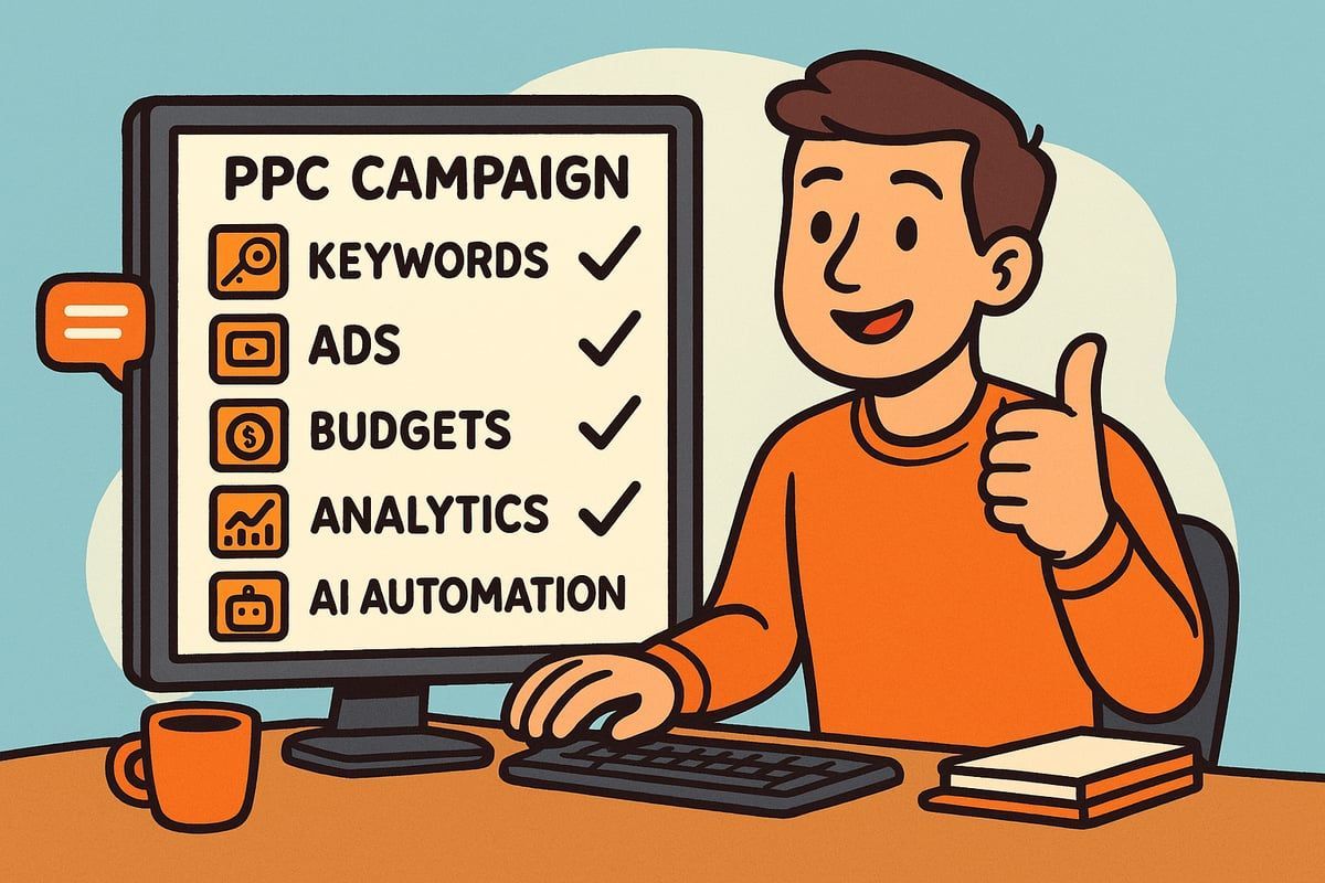 Man smiling, giving thumbs-up, working on PPC campaign with checked items: Keywords, Ads, Budgets, Analytics, AI Automation.