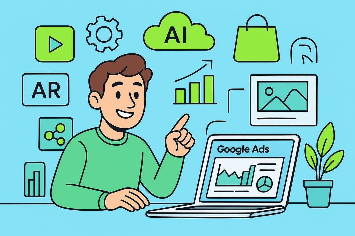 Man pointing to a laptop with Google Ads, surrounded by icons: AI, graphs, shopping bag, plants, and video play button.
