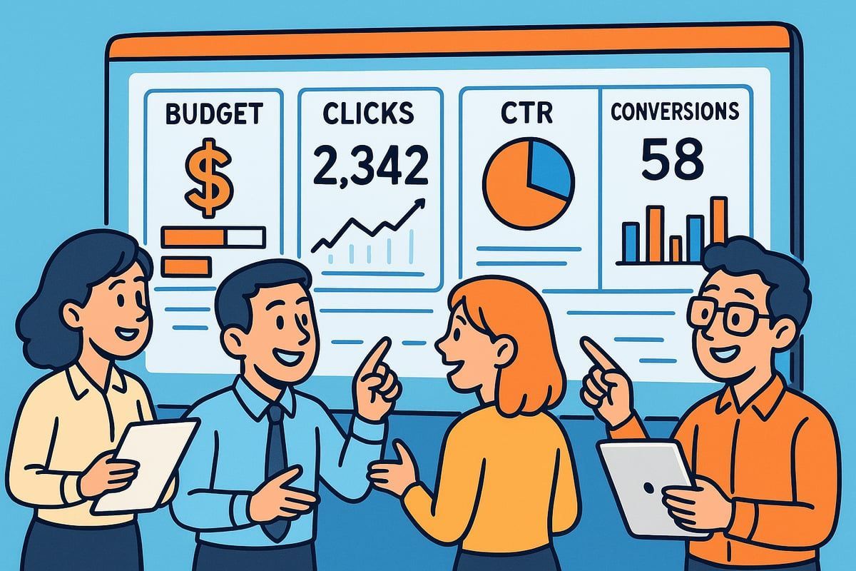 Team reviewing a digital marketing dashboard showing data: budget, clicks, CTR, and conversions.