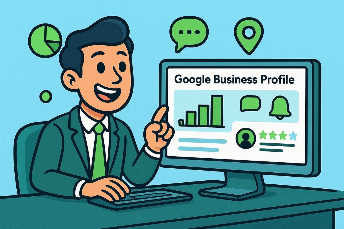Man in suit points at Google Business Profile on a computer screen, with speech bubbles, location icon, and charts.