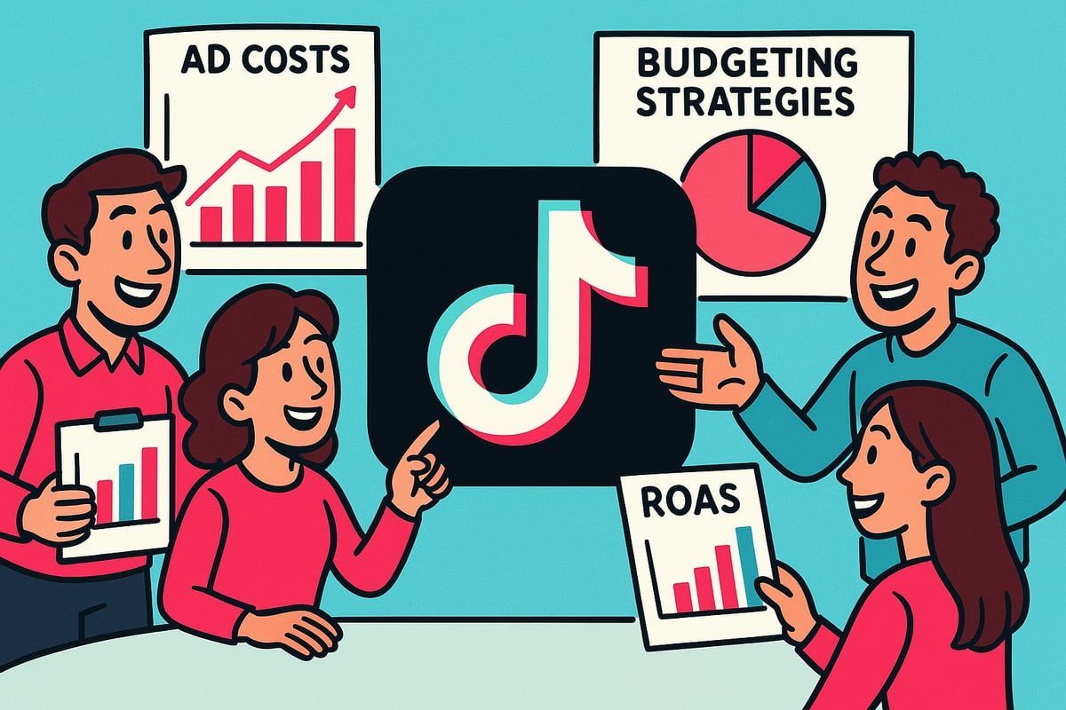 Team discussing TikTok marketing, looking at charts for ad costs, budgeting, and ROAS.