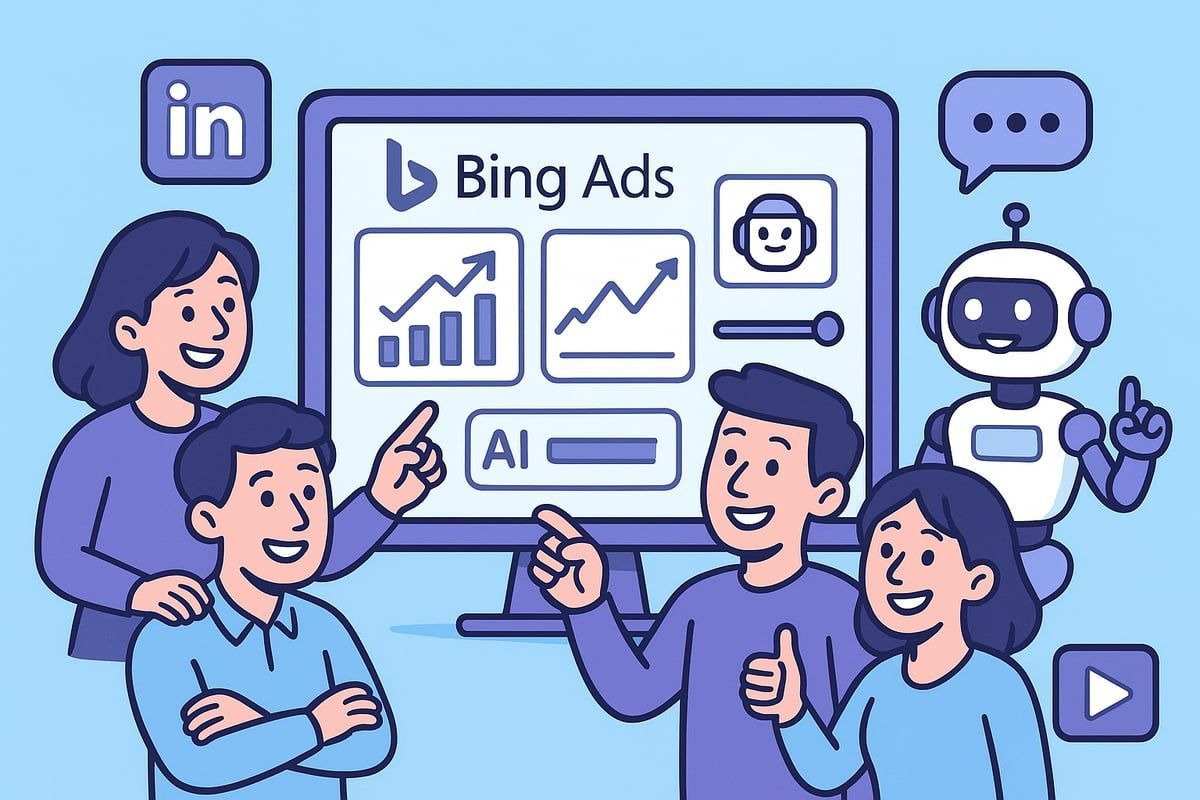 Group of people pointing at a Bing Ads dashboard, with a robot and social media icons.