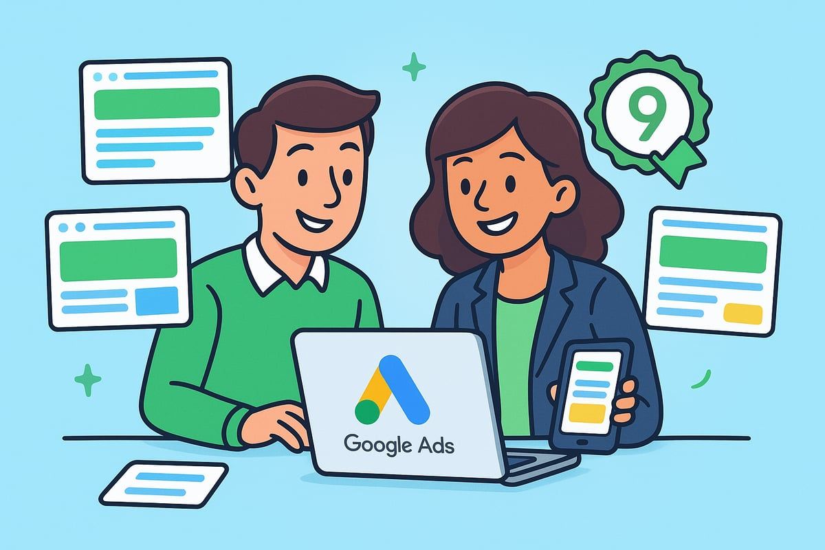 Man and woman reviewing Google Ads on a laptop and phone, surrounded by webpage examples, with a badge.