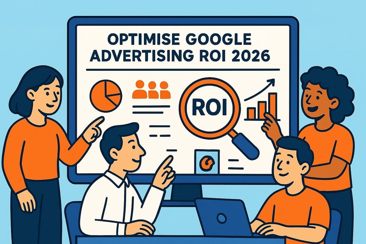 Team analyzes Google advertising ROI, with magnifying glass over 