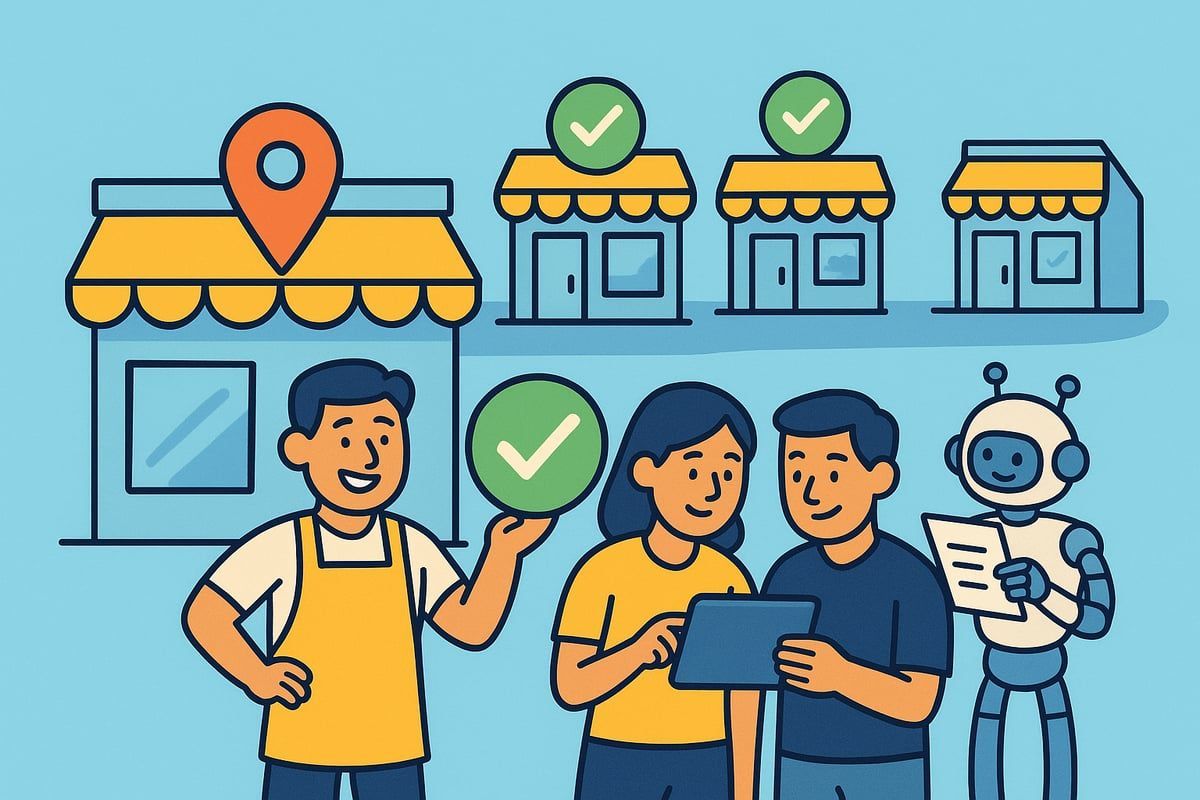 Shop owner, customers, and robot discussing business with shop icons and location marker.
