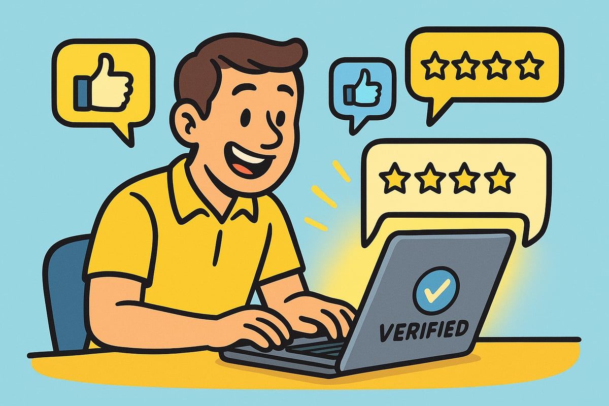 Man on laptop giving thumbs up, with star reviews; 