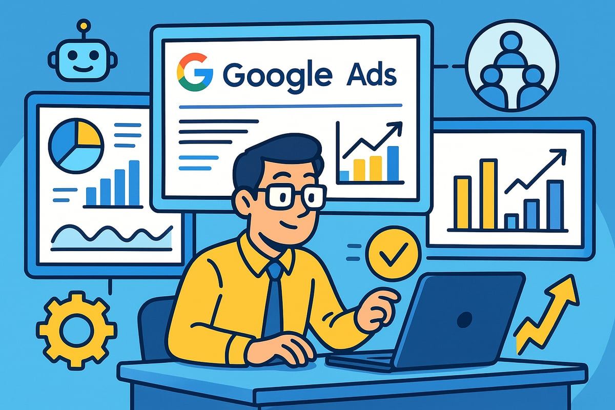 Person analyzing Google Ads performance on laptop, surrounded by data charts.