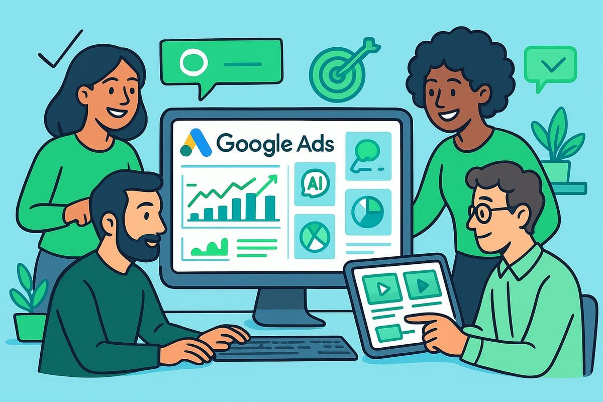People collaborating around a computer displaying Google Ads data. Charts, icons, and a tablet are also present.